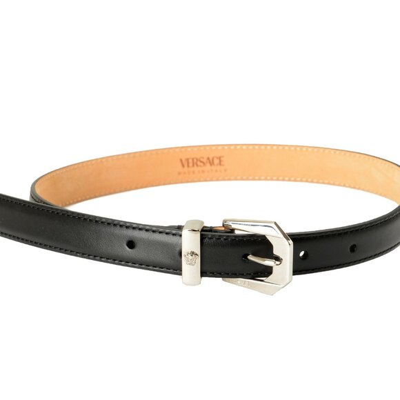 Versace Black 100% Leather Silver Medusa Head Logo Decorated Belt US 22 IT 55 - Picture 1 of 4